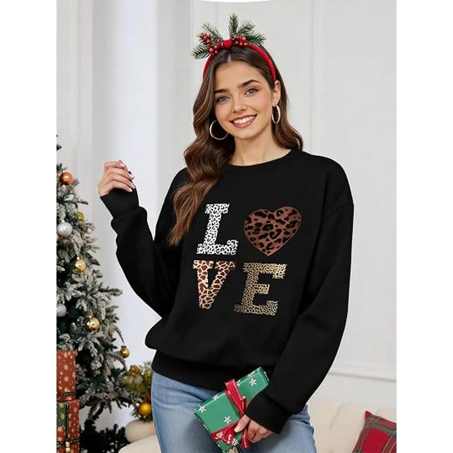 Oversize Loose-Fit Thin Crew Neck Sweatshirt NEW Gift LOVE Leopard Print Hip-Hop Y2k Style No Lining