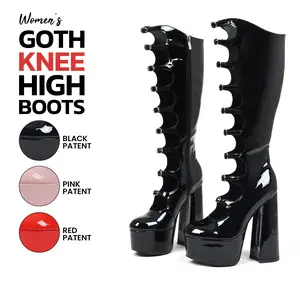 Goth Knee High Boots for Women Round Toe Chunky Block High Heel Buckle Straps Side Zipper Combat Party Punk Rave Concert Trendy Gothic Long Boots Deals For You Days
