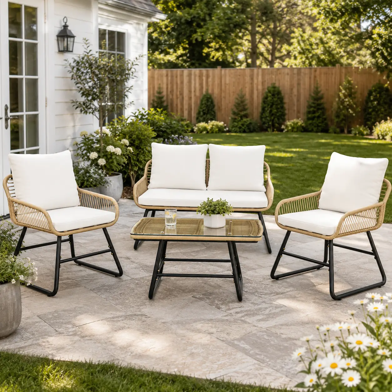 Costoffs 4-Piece Wicker Rattan Outdoor Furniture Set, Patio Conversation Set with Removable Cushion Covers, Steel Frame for Deck, Garden, Wicker Rattan Set