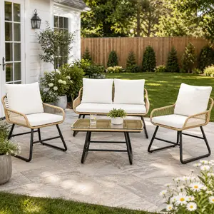Costoffs 4-Piece Wicker Patio Conversation Set, Patio Furniture Sets with Removable Cushion Covers, Steel Frame for Deck, Garden