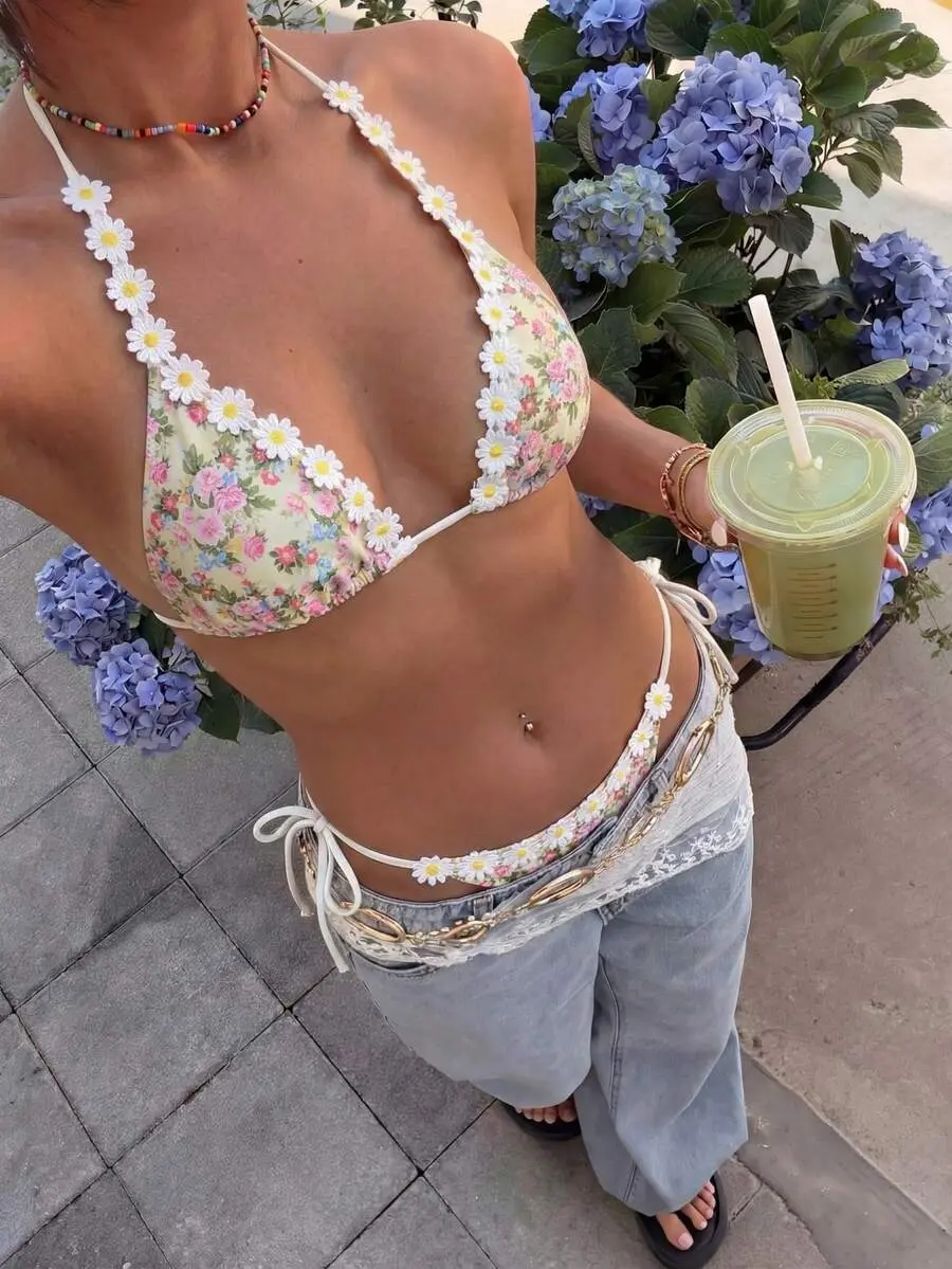 Women's Floral Daisy Triangle Bikini Top, Halter Tie Adjustable Swimwear with 3D Flower Detail