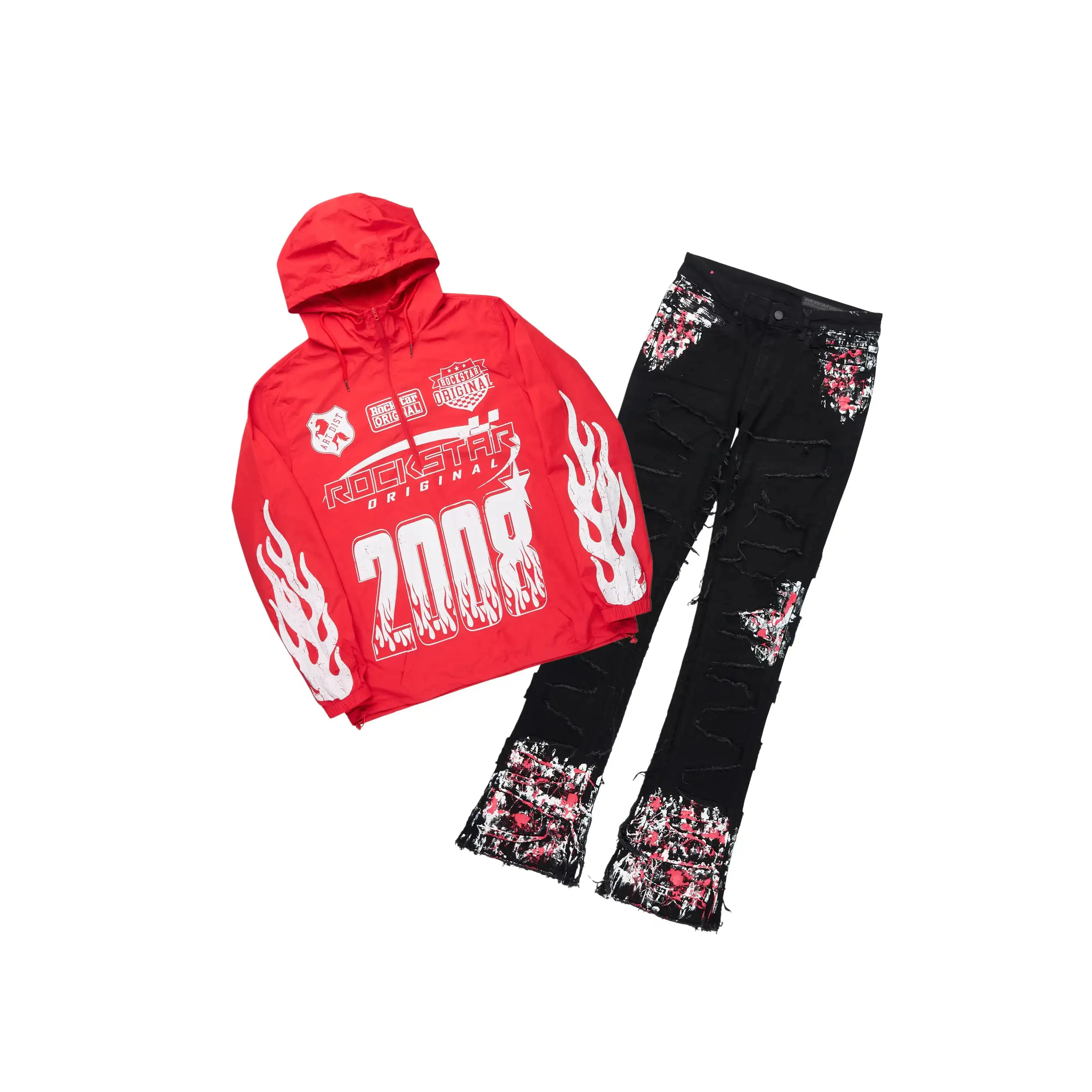Amos Red/Black Windbreaker/Stacked Flare Jean