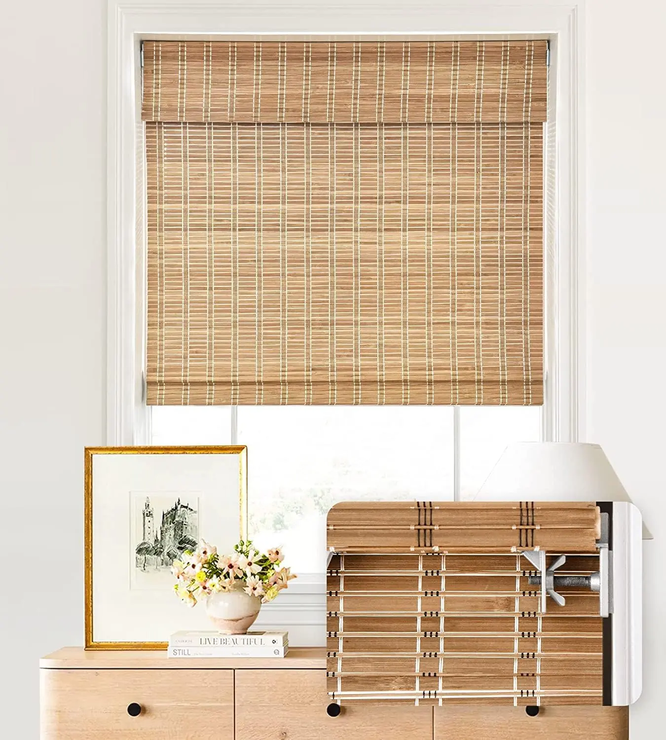 Cordless 34x64" Straw-Bamboo Roll-Up Roman Shades - 33''W×64''H Flat Slats, No-Tools-No-Drill Retro Soft Sun Filter Indoor Window Treatment for Dining Rooms, Home Decor