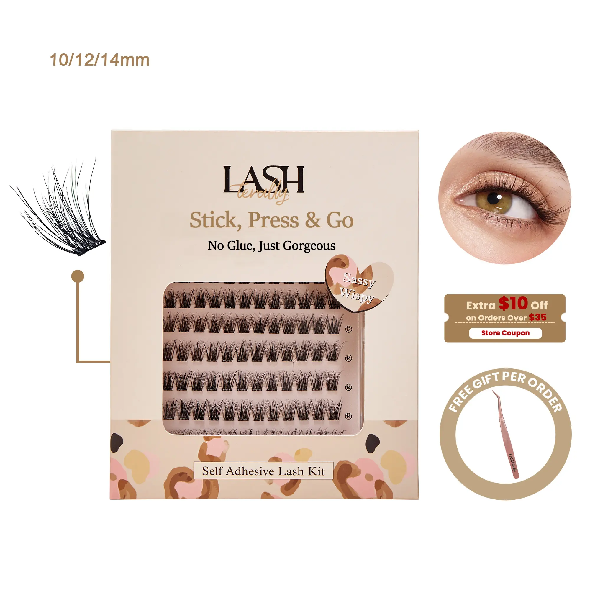 Lashterally Sassy Wispy Self-adhesive Lash Clusters Kit Glue Free Natural Cluster Lashes Extension 5D Fluffy False Eyelashes 10mm/12mm/14mm Clusters Makeup Cosmetic