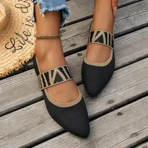Women's Pointed Toe Mary Jane Flats - Slip On Knit Shoes with Breathable Lightweight Mesh Upper, Comfortable Work Walking Shoes for Women Casual Daily Wear