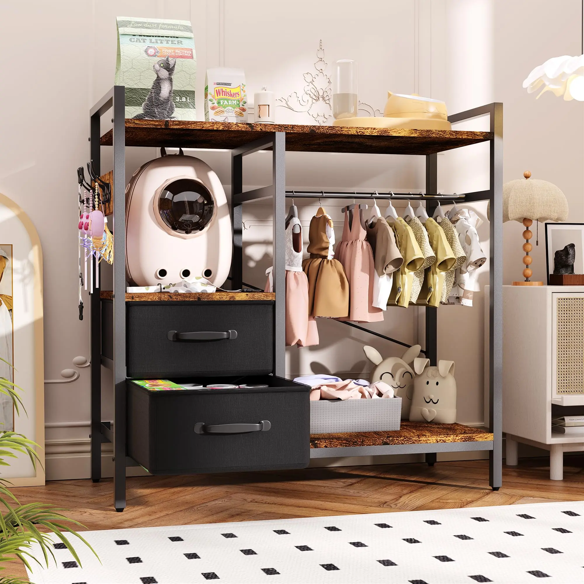 Pet Storage Wardrobe Cabinet - Retro 4 to 7 Indoor Furniture Room Accessories Home Decor, Sliding Door, Smooth Surface, Metal Frame, 2 Drawers, 4 Side Hooks, Hanging Rod, Top Shelf, Assembly Required for Dogs (Living Room Use), Engineered Wood, Multi-Zone