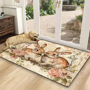 1pc Easter Doormat | Easter Rug, Welcome Mat, Flannel, Non-slip, Washable, Spring Cute Bunny Floral Design, Polyester, Handmade, Machine Washable, for Outdoor Entrance, Living Room, Bathroom, Bedroom, Kitchen, Easter Decorations 16×24/20×32/3