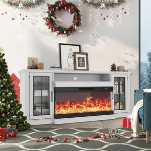 75In 3 Sided Glass Fireplace TV Stand for TVs Up to 85" Rustic Media Console with LED Lights Glass Door Storage Distressed White Entertainment Center