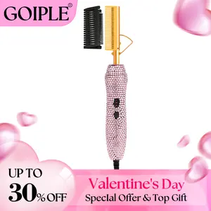 Diamond Electric Hot Comb Hair Straightener Hair Curler Curling Comb for Natural Hair Wigs Anti-Scald Case Adjustable Heat Multifunctional Styler