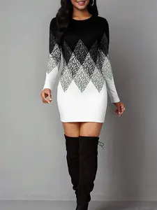 Women's Vintage Geometric Print Casual Long Sleeve Dress, Elastic Polyester Blend Backless Mini Tight Fit, Perfect for Daily Wear, Christmas New Year,Perfect holiday gift