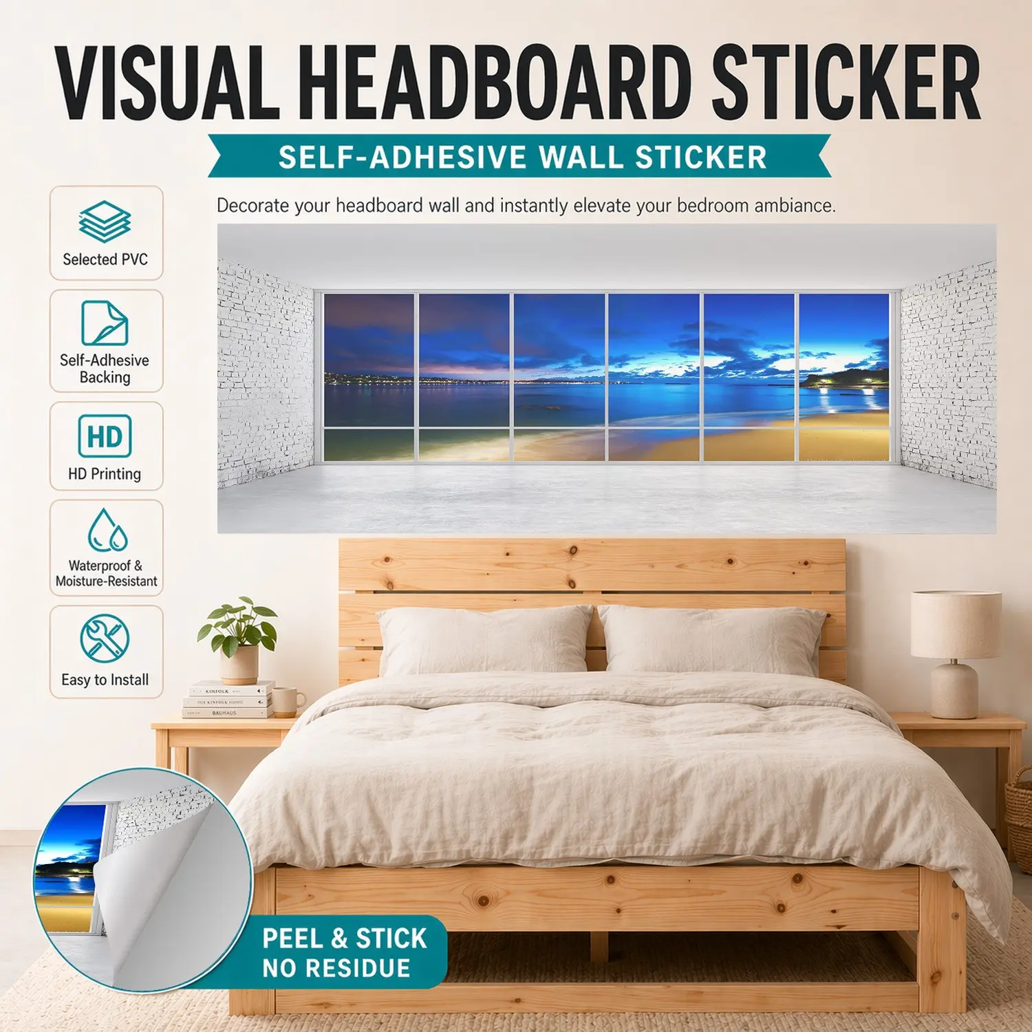 Luxury Bed Headboard Wall Sticker 90x180cm, High-Definition Print, Self-Adhesive, Bedroom Decor, Flat Sticker Type