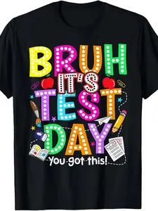 Testing Day Bruh It's Test Day You Got This Teacher T-Shirt - Funny Motivational Exam Shirt for and Teachers, Unisex Casual Fit Tee with Retro Slogan, Year-Round Wearable Study Party Apparel Lucky Star Baby AI Holding graphic gift blue jeans white Cotton