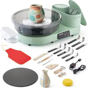 【DealsForYouDays】VEVOR Pottery Wheel for Adults, 14" and 11" Turntables, 450W Electric Table Top Pottery Wheel with Foot Pedal, 30-300 RPM Adjustable Speed, Aluminum Body, for Beginners, DIY Clay Art Craft, Green