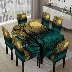 5/7-piece 2D Flat Printing Black Gold Dead Tree and Bird Printing Pattern Tablecloth and Chair Cover Set, Dining Chair Slipcover, for dining table and chair decoration, perfect for home, holiday gatherings, restaurants, and parties.