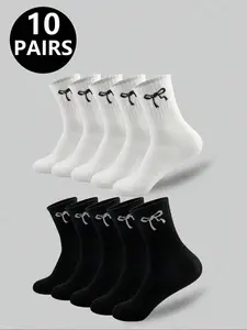 Unisex Mid-Calf Socks, Solid Color, Butterfly Knot Pattern, Comfortable Sports Socks, Running Socks, Casual Student Socks