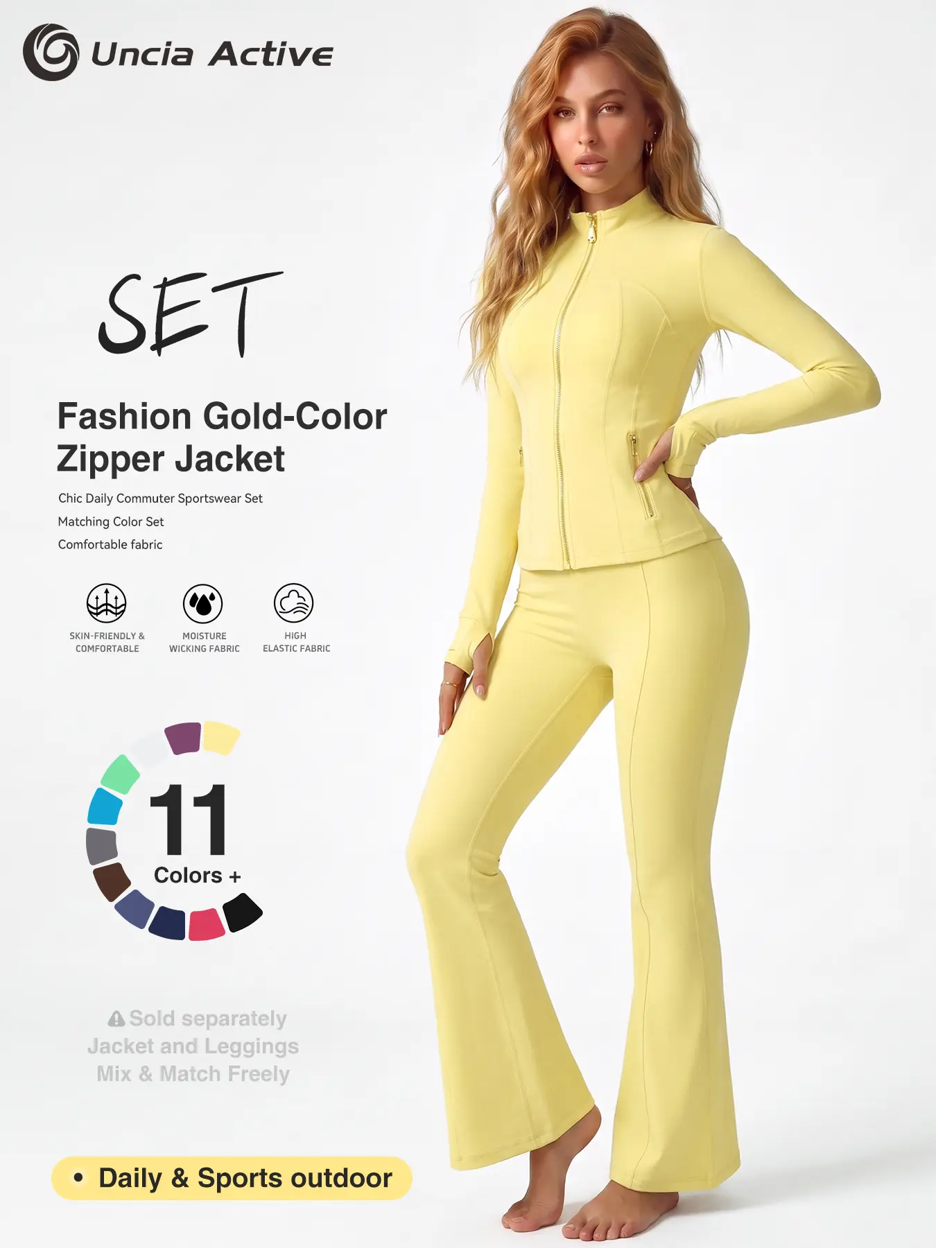 【Gold-Color zipper】Uncia Active Women Fashion Gold Zipper Yoga Jacket & High Waist Flared Leggings Separates Set, Soft Moisture Wicking Stretch Athletic Matching Outfit, Skin-Friendly Sports Activewear for Gym Running Daily Commuter,  Match Separates