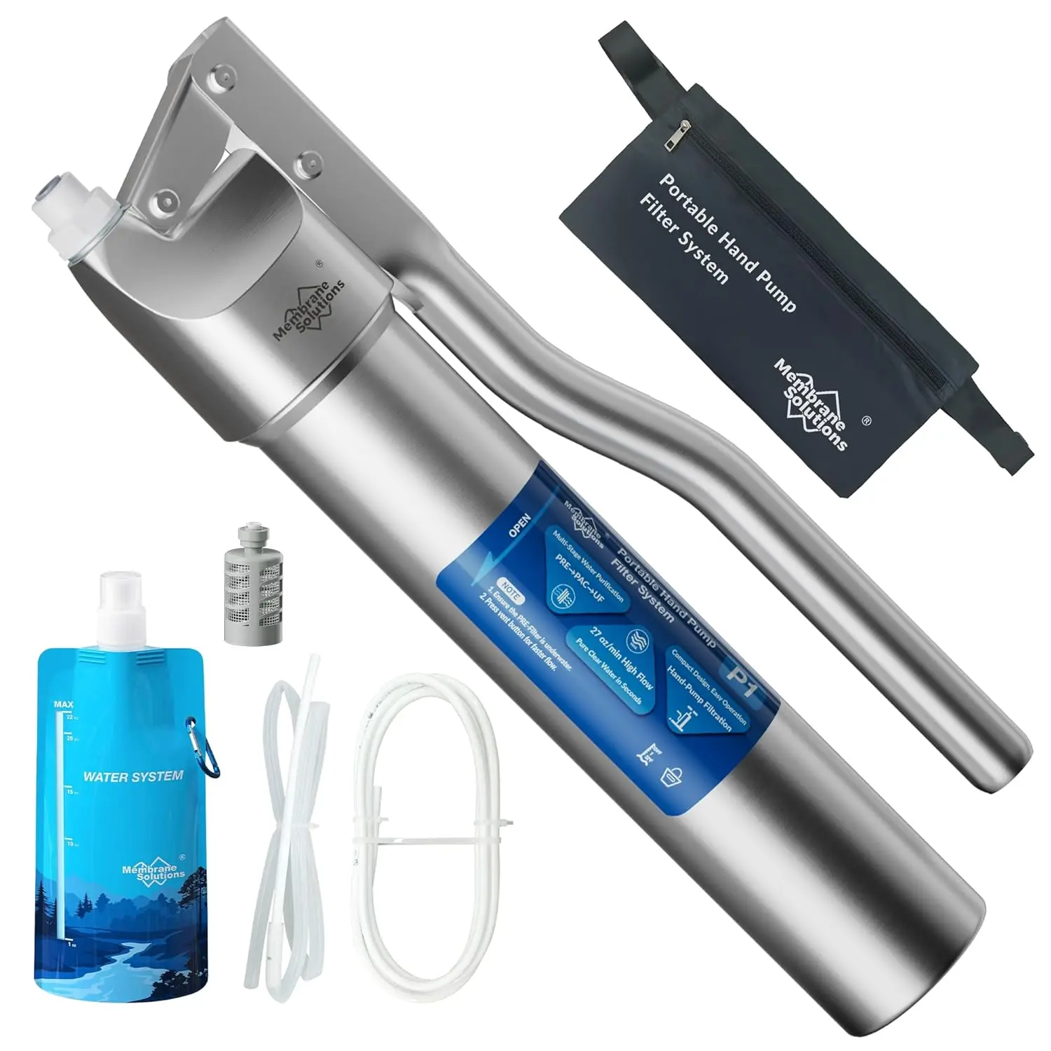 Membrane Solutions Portable Stainless Steel UF Water Filter Kit P1, 0.01-Micron High-Precision Detachable Hand Pump System, Survival Gear for Hiking, Camping, Emergency Water Filter Straws, Water Bag