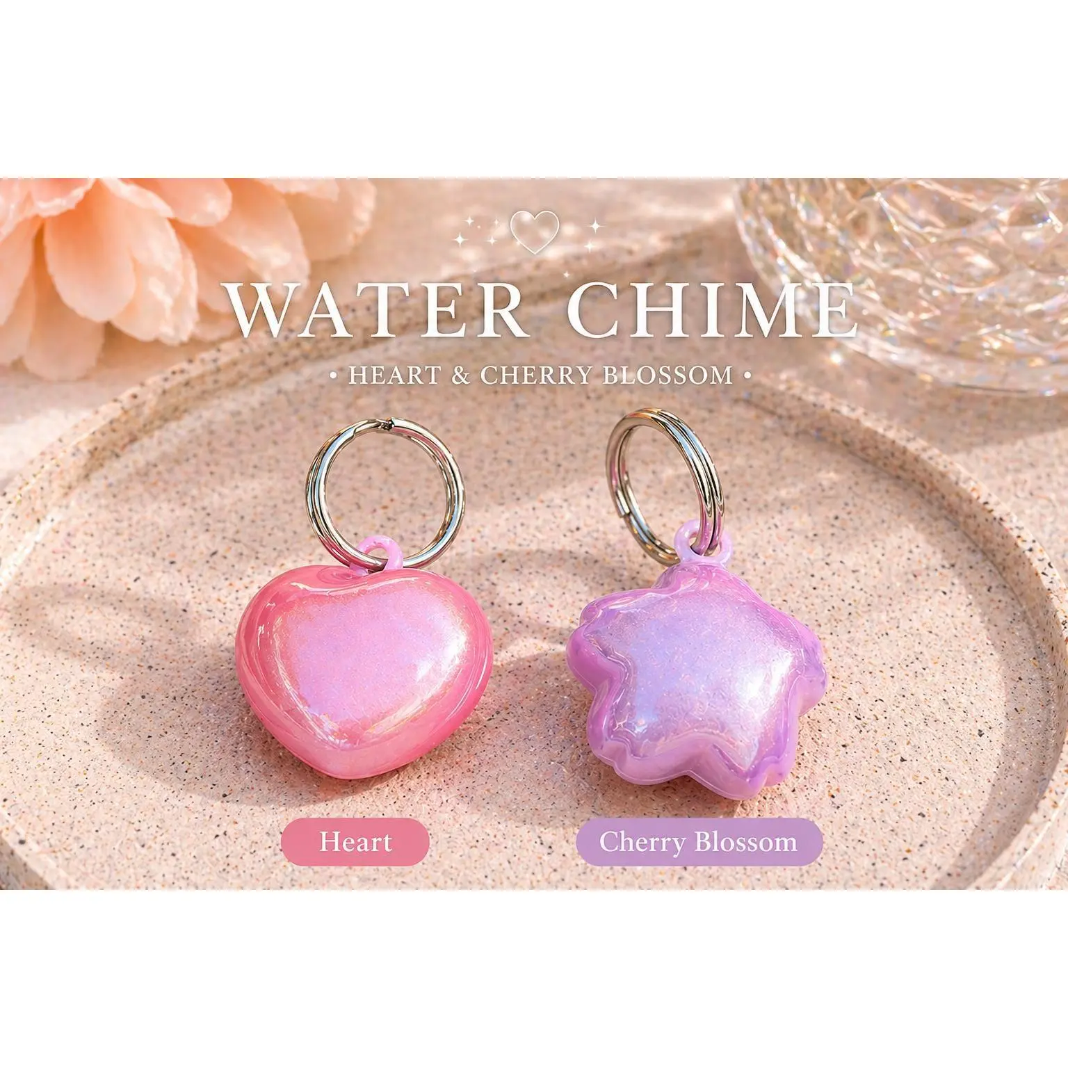 Cute Water Chime Keychain, Kawaii Heart Charm, Cherry Blossom Bag Charm, Japanese Style Key Ring, Cute Gift for Her, Purse Charm