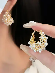 French Vintage Palace Artificial Pearl Ethnic Pattern Earrings, Elegant Design, Perfect for Special Occasions, Women's Jewelry Accessory