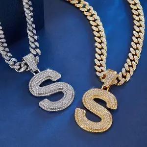 ABMNSW Sparkling Initial Pendant with 13mm Cuban Chain, Avant-garde Bold Design Set with Crystals, Personalized Statement Jewelry for Fashion Lovers, Birthday Anniversary Gift for All Seasons