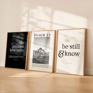 Black and White Christian Wall Art Set of 3, John 3:16 Print, Psalm 23 Landscape, Be Still & Know, Bible Verse Prints, Scripture Decor