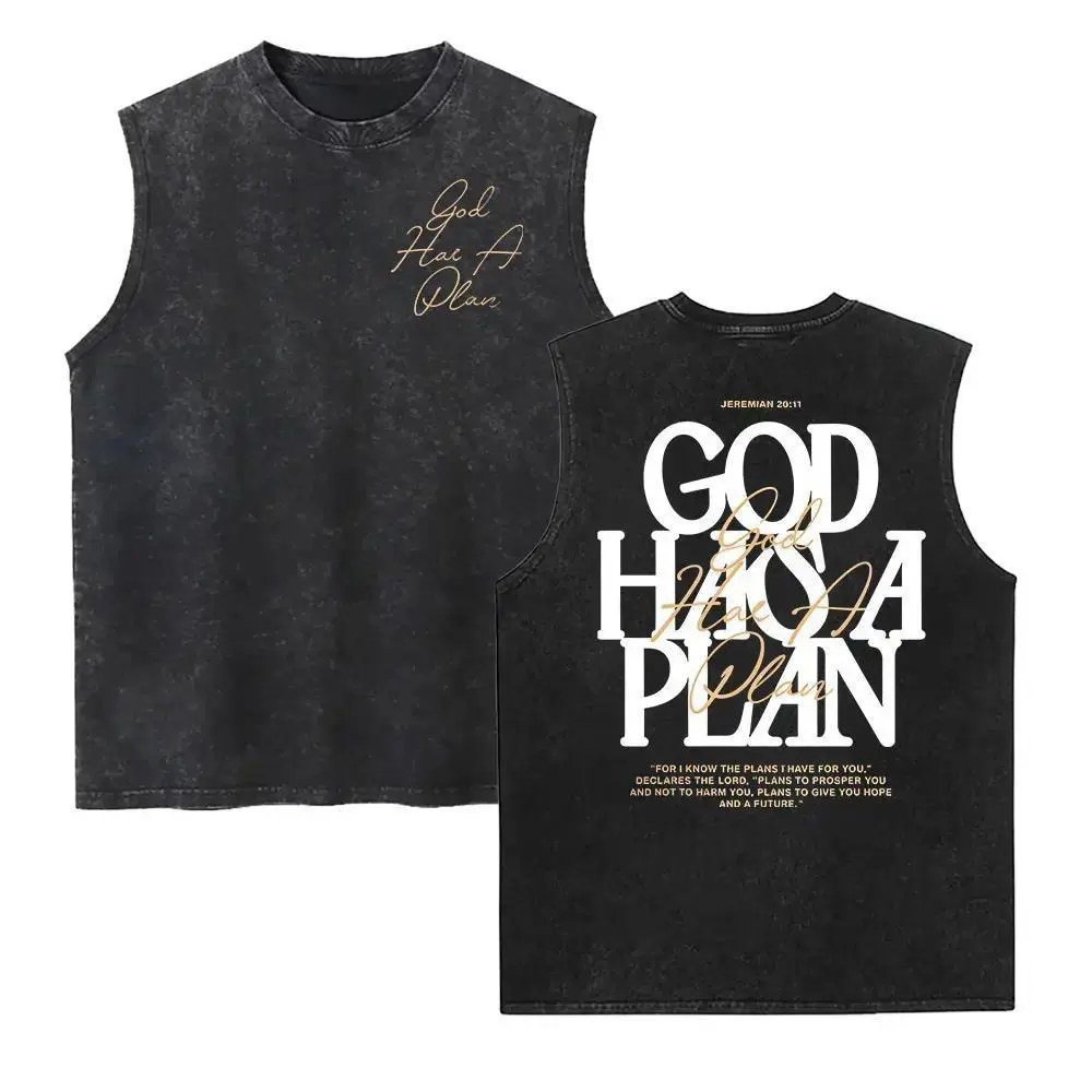 Men's "God Has A Plan" Graphic Tank Top | Distressed Vintage Streetwear Sleeveless Shirt in Smooth Cotton Fabric for Summer Festivals