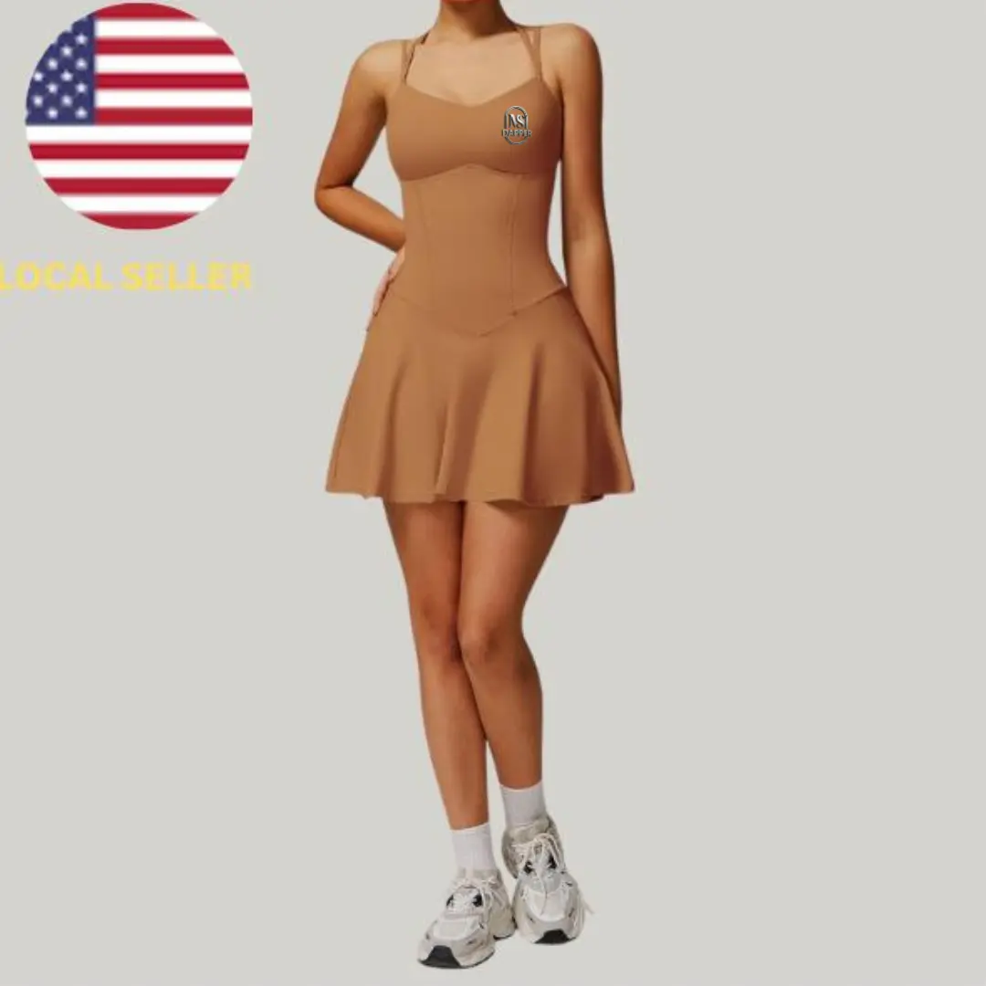 Women's Built-in Bra Workout Dress Adjustable Straps Exercise Tennis Dress with Biker Shorts summer outfits Activewear flowydresses sundress memorial day outfits waisttrainers beach outfits sundress camels elegantoutfits white dress