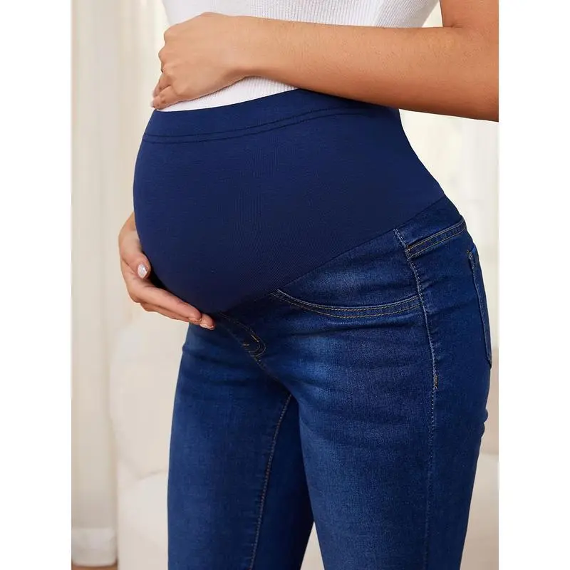 Women's Maternity Jeans Denim Pants, Over-the-Bump Waistband, Elegant Style, Comfort Fit Pregnancy Trousers For Women