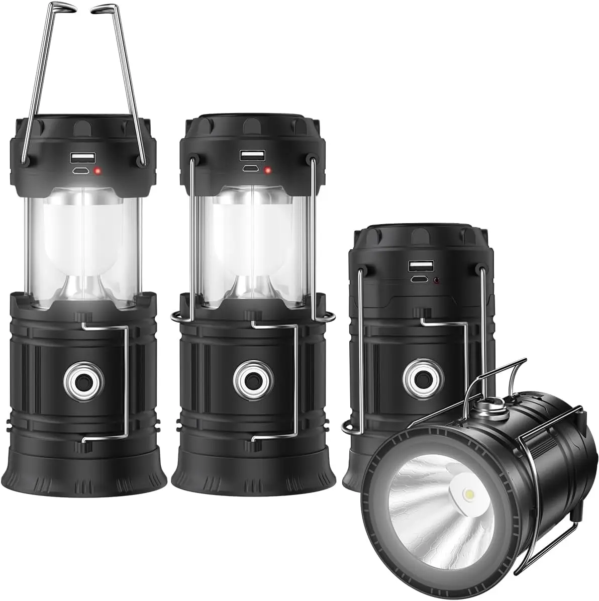 【2026 Upadated】4-Pack Solar Lantern Flashlights Charging for Phone, USB Rechargeable Led Camping Lantern, Collapsible & Portable for Emergency, Hurricanes, Power Outage, Storm (4 Pack)
