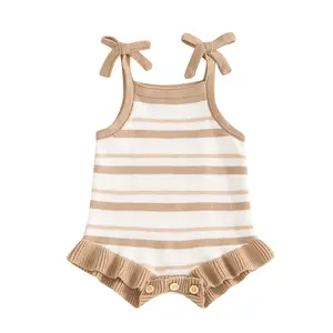 Newborn Baby Girl Summer Romper Sleeveless Knit Striped Jumpsuit  Bodysuit Infant Ruffle Shorts Outfits