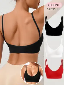 Seamless Comfortable V Neck Women's Bra with Thin Straps, No padding，Inner double-layer fabric and Backless Design,Suitable for Daily Casual  Wear,Women's Ribbed Underwear,All Seasons, Seamless Wireless Bra