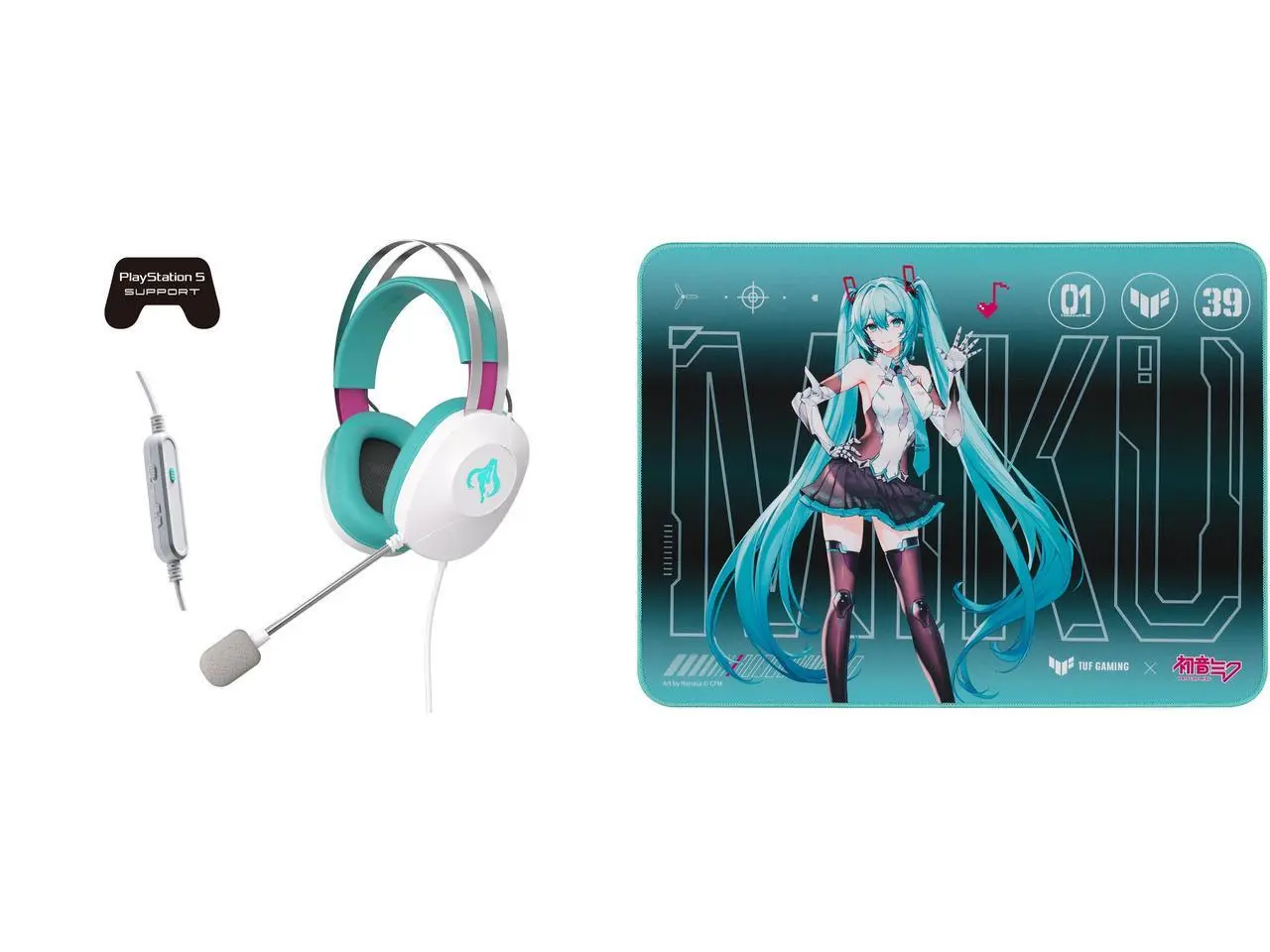 ASUS TUF GAMING H1 GEN II HATSUNE MIKU EDITION, Wired Gaming Headset with 40 mm ASUS Essence Drivers, Virtual 7.1 surround sound, TeamSpeak-certified Microphone, Lightweight 297-gram Design ASUS TUF Gaming P1 Hatsune Miku Edition 360x260mm