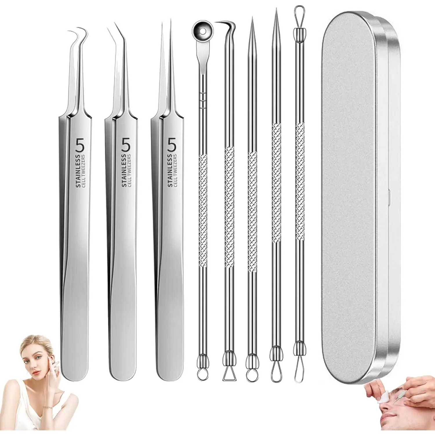 Premium Stainless Steel Facial Tool Kit, Precision Tip Skincare Set with Compact Storage Case, Beauty Accessories for Personal Care