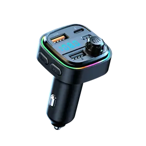 Multifunctional car FM transmitter with ambient light, BASS hands-free car MP3 player with 3.1A+Type-C Charging, wireless Bluetooth car charger with Type C and dual USB ports