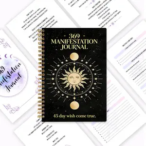 369 Manifestation Diary, black and gold sun and star cover notebook, A5 spiral-bound portable design, 45-day plan book for realizing wishes, containing daily gratitude + affirmations + 3-6-9 guided exercises, activates subconscious energy, essential for s