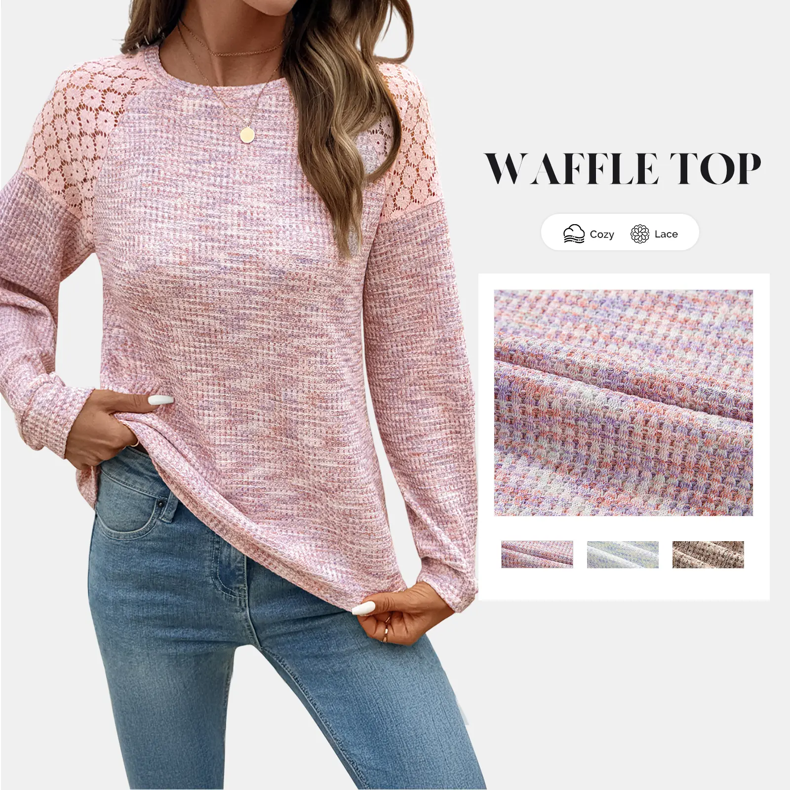 Shewin Women's Feminine Basics Polyester-Elastane Waffle Knit Sweatshirt - Long Lace Trim Lace Sleeves Relaxed Cut Soft Blend Pullover, All-Day Stretch, Easy Everyday Look From Home to Café, Café Dates