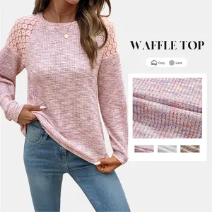 Shewin 2026 Cozy Cottagecore Knit Sweatshirt Waffle Lace Trim Crewneck Long Sleeve Loose Fit Pullover for Daily Casual Chic Feminine Outfits - Clothes