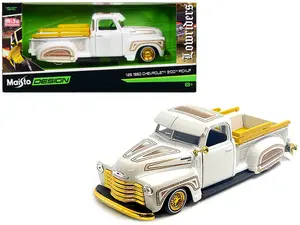1950 Chevrolet 3100 Pickup Truck Lowrider White with Graphics & Gold Wheels "Lowriders" Series 1/25 Diecast Model Car by Maisto