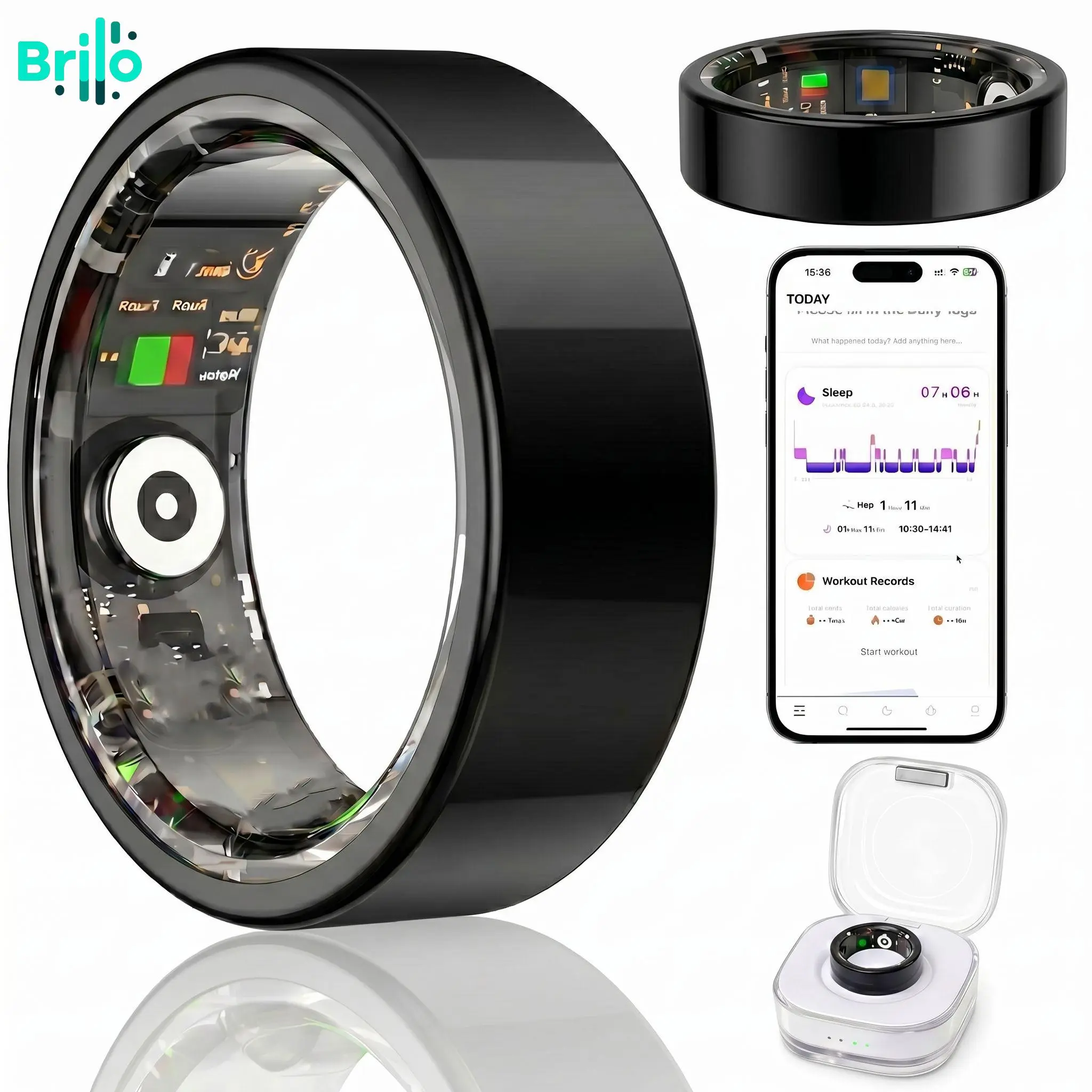BRILO T12 Minimalist Brass Titanium Smart Ring with Rechargeable Batteries, Waterproof Charging Case, Screen-Free Bluetooth Wearable, Unisex Adult Fitness Tracker, Step Counter, Activity Stats, Health Monitor, Free App, Android-Compatible Gadget