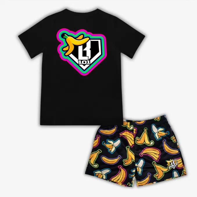 Baseball Lifestyle 101 Banana Tee & Shorts Set for Youth & Adults, Neon Color Baseball Outfit, Funny Banana Collection Apparel