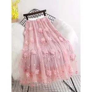 Fashionable spring and summer high waisted double-layer sheer A-line mid skirt with embroidery, available in black, pink, white, dark blue, light blue, and violet colors