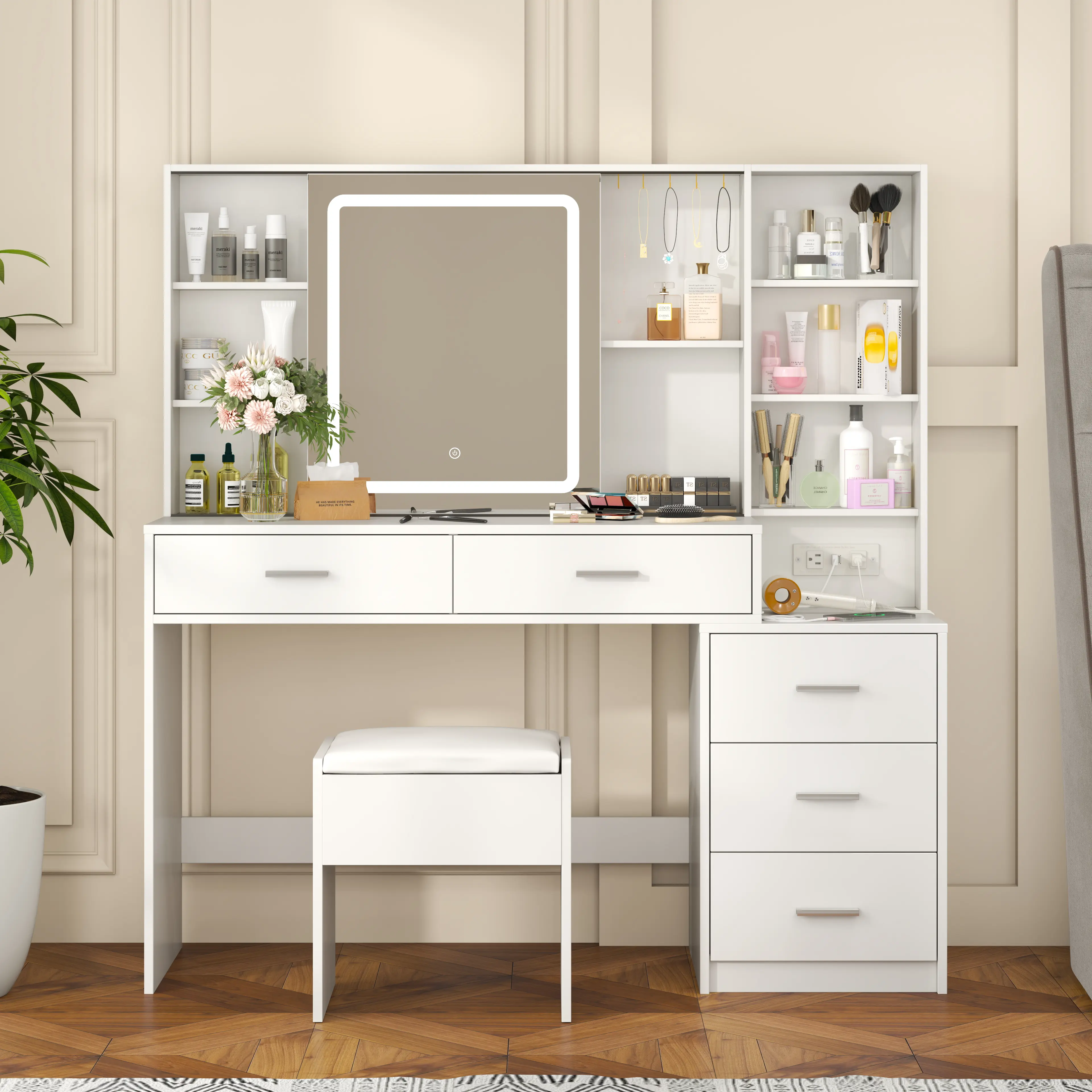[Summergarden] Vabches Vanity Desk with Mirror and Lights, White Vanity Table with 3 Color Lighting, Makeup Vanity Desk with Charging Station, 5 Drawer Storage, 5 Hooks, Hidden and Open Shelves