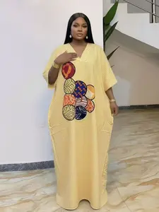 Plus Size V Neck Casual Loose Striped Print Women's Boubou Dress, Fashion Simple Party Daily Beach Summer Vacation Wear, Headscarf Pocket Included