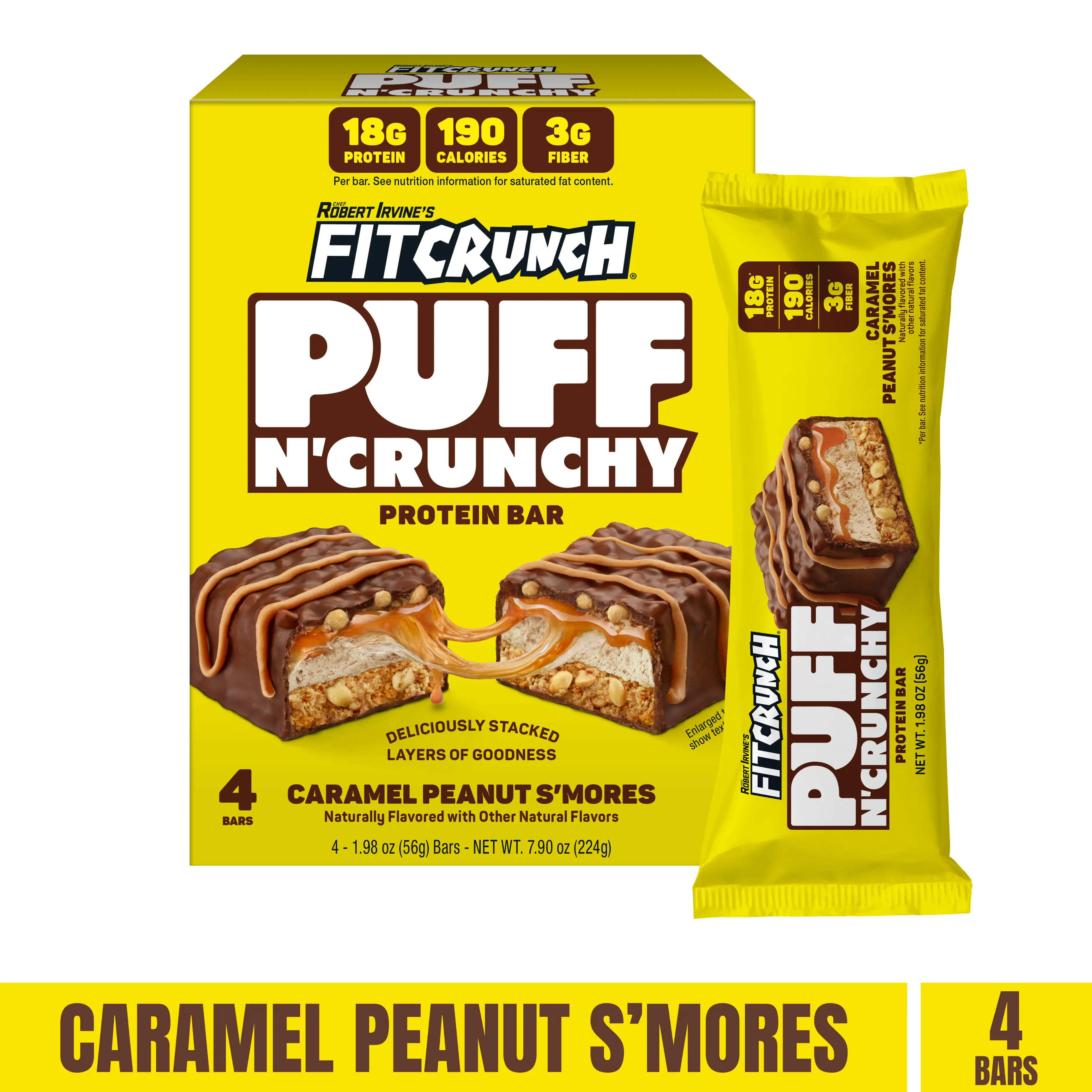 FITCRUNCH New Puff N’ Crunchy Protein Bars, Light Airy Marshmallow Puff Texture, 18g Protein, 3g of Fiber, Low Sugar, 190 Calories (4 Bars, Caramel Peanut S'mores)