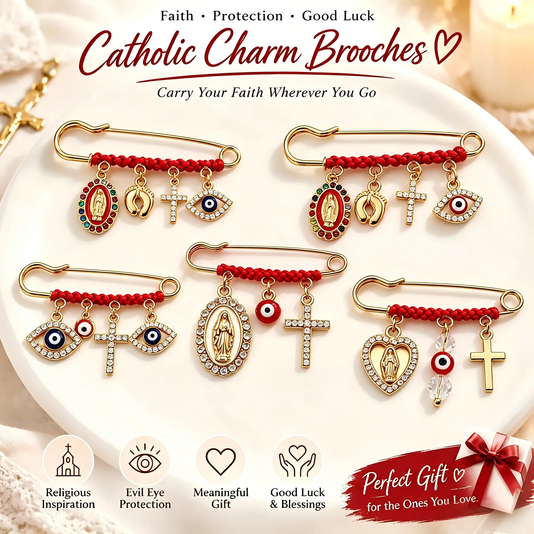Pregnancy and Baby Protection Brooch Safety Pin for Pregnant Women – Featuring Our Lady, Evil Eye, Cross, Prayer Hand Charms, Religious Amulet, Red String Religious Guardian Pin, Faith Blessing Amulet, a Meaningful Religious Gift for Your Loved Ones