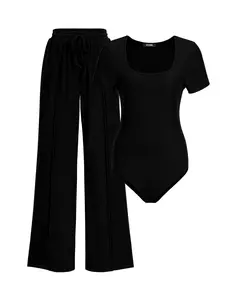 BTFBM Women's Casual 2-Piece Outfits Square Neck Short Sleeve Shapewear Bodysuit Drawstring Pants Knit Sets
