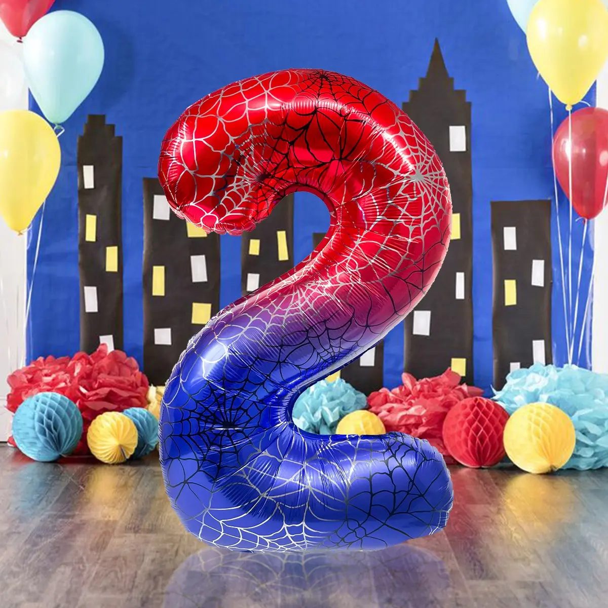 Giant Spider Theme Number Balloon, 40 Inch Large Size Gradient Blue Foil Balloon, Spiderweb Pattern Print Design, Superhero Party Decorations, Balloon Arch Decoration, Balloon Arch Garland, Party Balloons Decorations