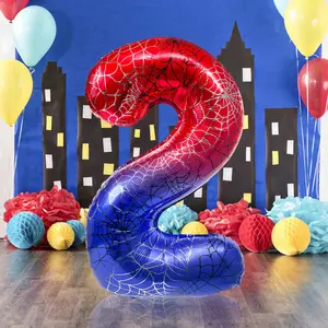 Giant Spider Theme Number Balloon, 40 Inch Large Size Gradient Blue Foil Balloon, Spiderweb Pattern Print Design, Superhero Party Decorations, Balloon Arch Decoration