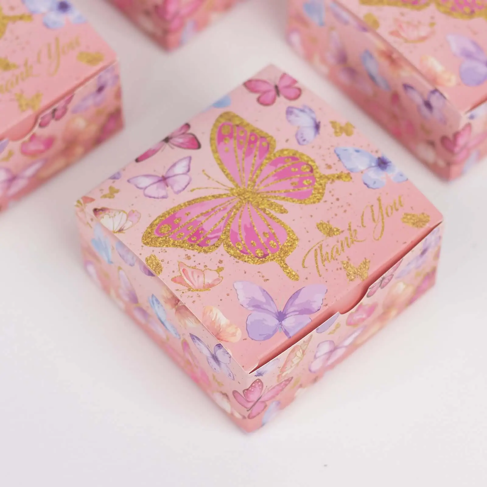 25-Pack Pink Butterfly Themed Party Packs, Cardstock Birthday Gift Boxes with "Thank You" Print, 4"x4"x2" Candy Favor Boxes for Office Stationery Gifting, Birthday Gift Box