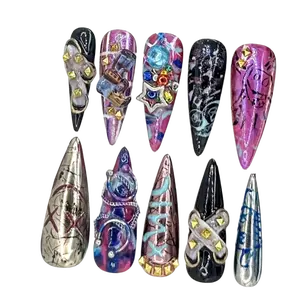 Jinx-Inspired Artistic Almond Nails | Futuristic Chrome Nail Art | Cyberpunk Inspired Fake Nails | Unique Metallic